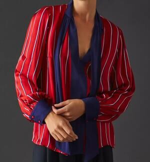 Maeve by Anthropologie Tie Neck Striped Blouse Red/Navy Striped Sz S Women's